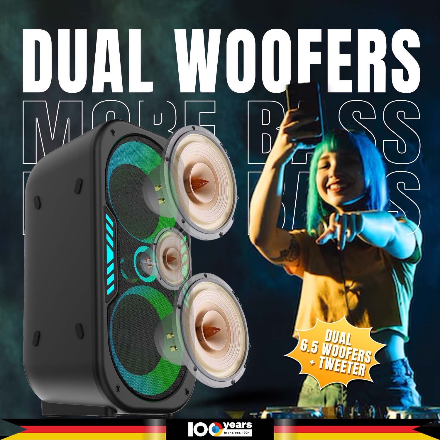 Blaupunkt Rock & Roll RHYTHM 100W with Dual 6.5'' woofers, Bass Boost, TWS Party Speaker