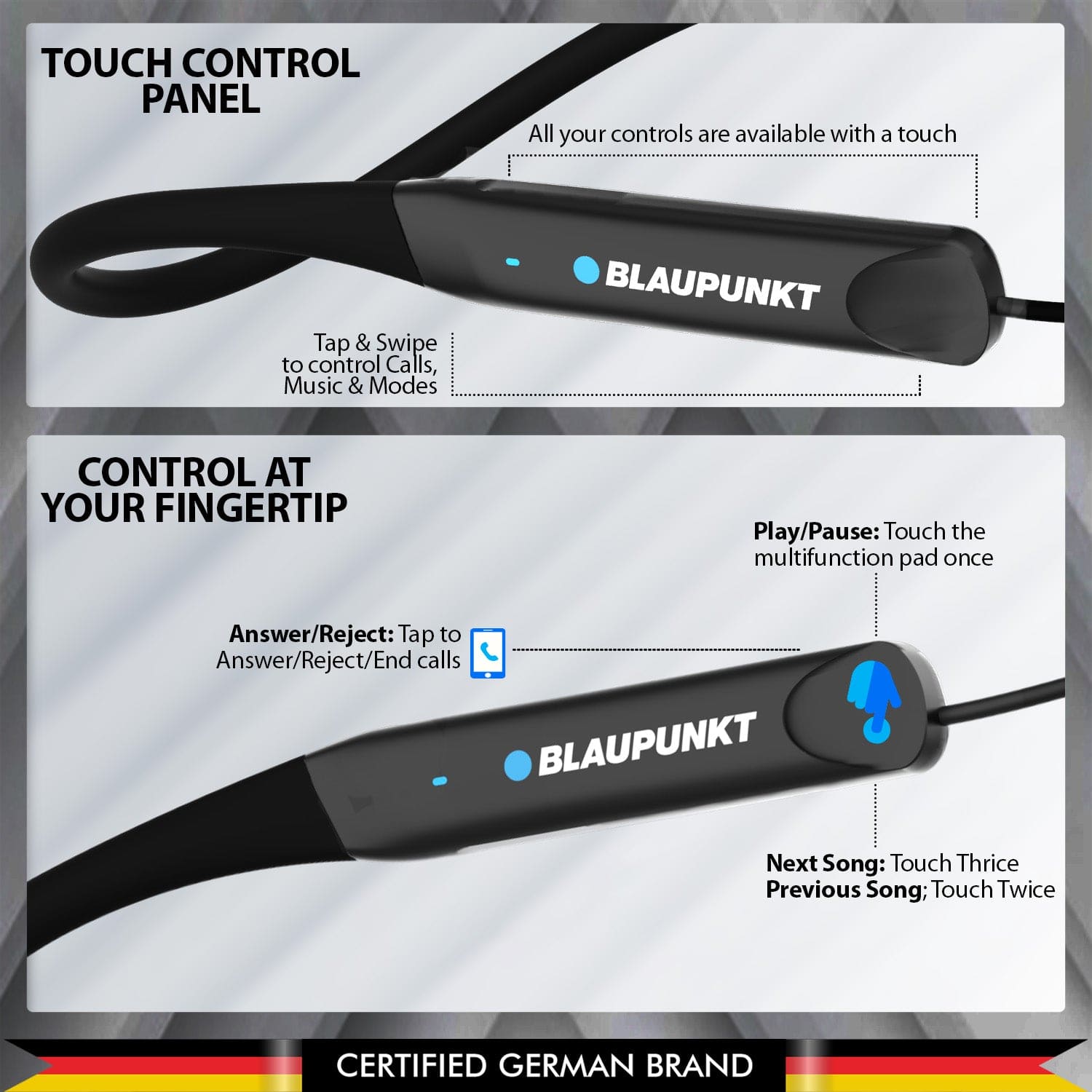 BE120 Touch Neckband (Black) - Blaupunkt India